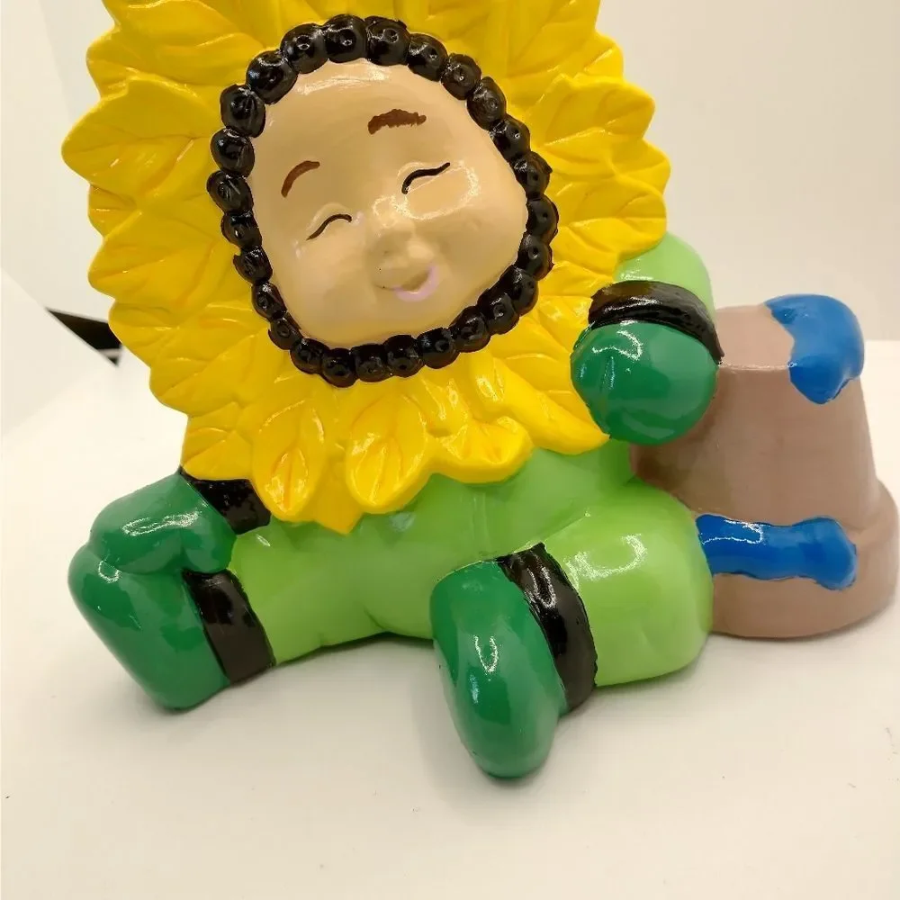 Hand Crafted Sun Flower Baby Figurine Green Flower Pot 5 inch Vintage Ceramic